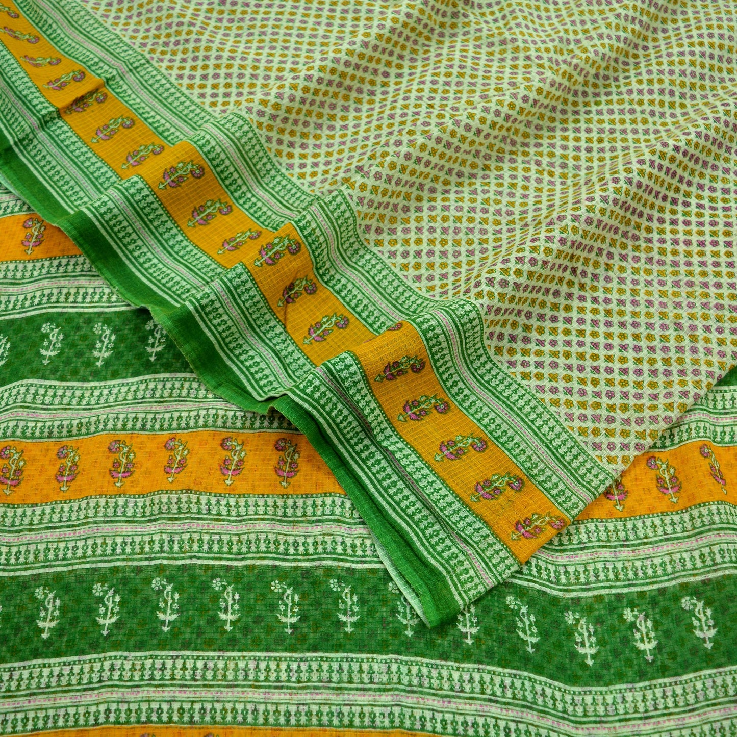 Indian Vintage Sari Green & Ivory Printed Pure Cotton Sarees 5Yd Craft Fabric Soft Sewing Sarong Wrap Boho Upcycle quilting Dress making