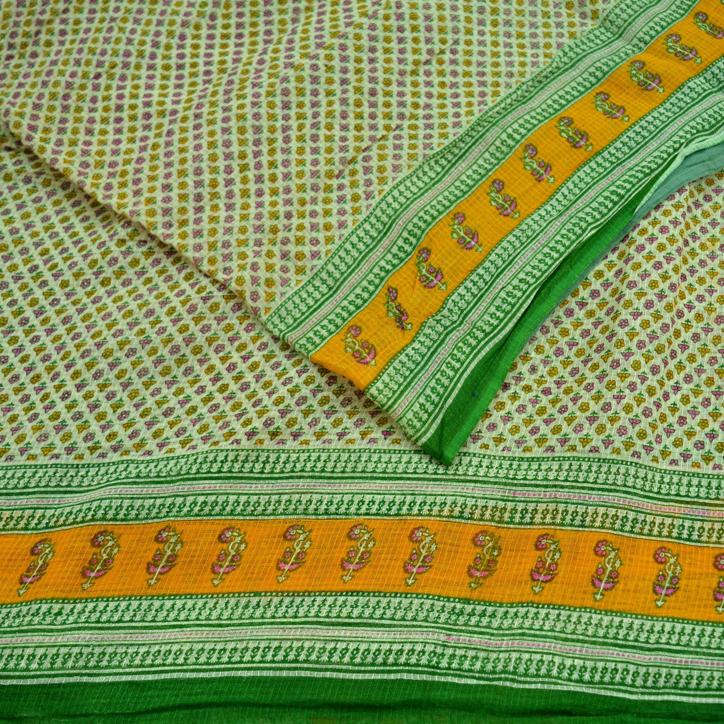 Indian Vintage Sari Green & Ivory Printed Pure Cotton Sarees 5Yd Craft Fabric Soft Sewing Sarong Wrap Boho Upcycle quilting Dress making