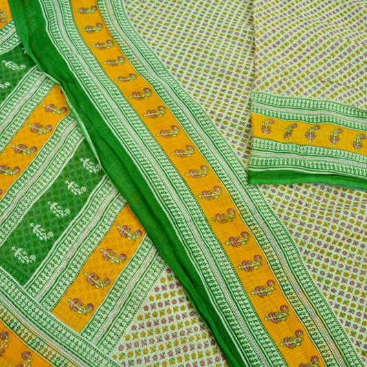 Indian Vintage Sari Green & Ivory Printed Pure Cotton Sarees 5Yd Craft Fabric Soft Sewing Sarong Wrap Boho Upcycle quilting Dress making