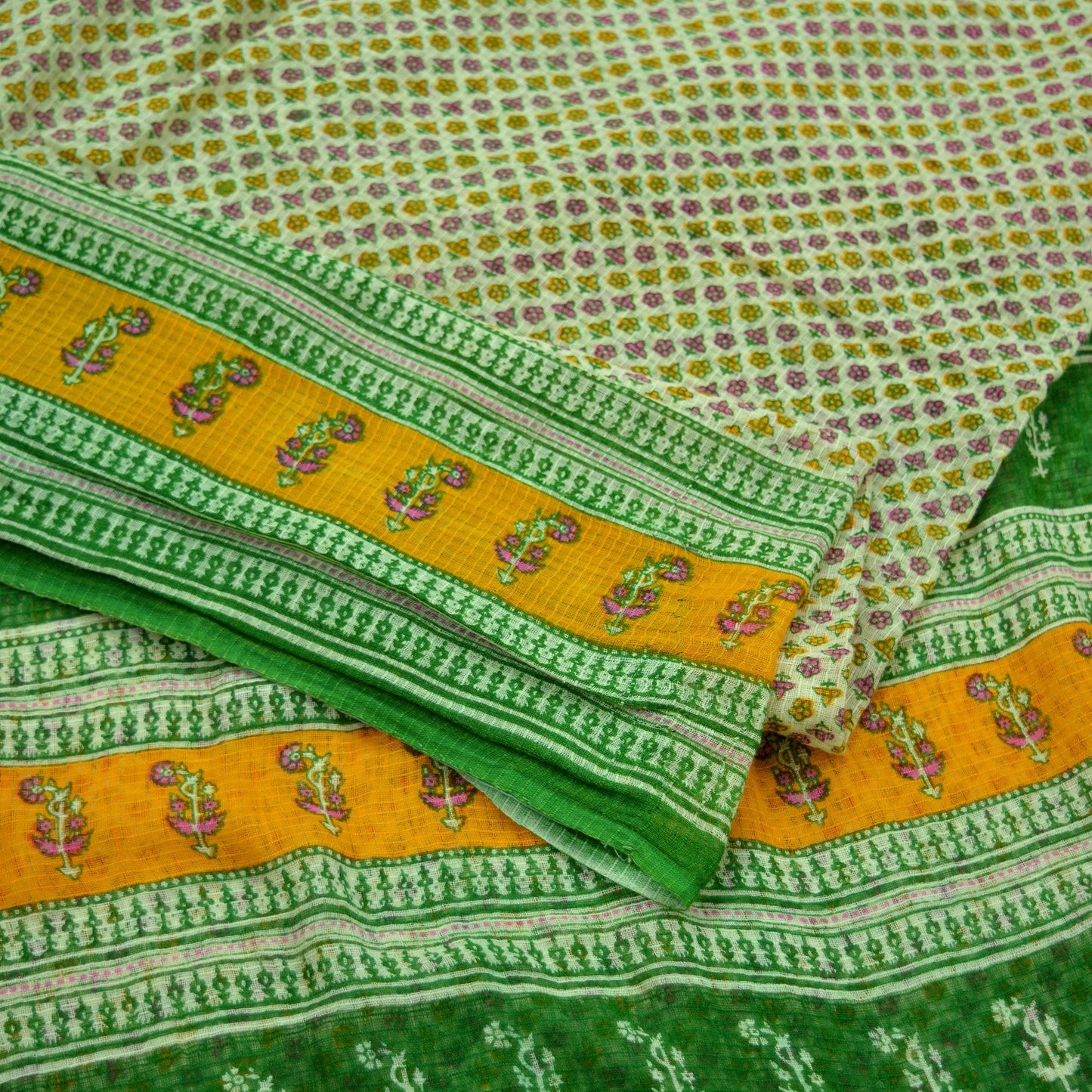 Indian Vintage Sari Green & Ivory Printed Pure Cotton Sarees 5Yd Craft Fabric Soft Sewing Sarong Wrap Boho Upcycle quilting Dress making