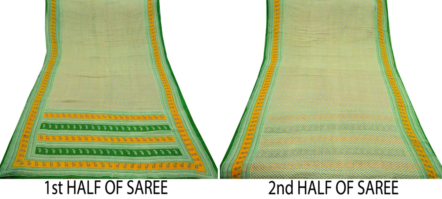 Indian Vintage Sari Green & Ivory Printed Pure Cotton Sarees 5Yd Craft Fabric Soft Sewing Sarong Wrap Boho Upcycle quilting Dress making