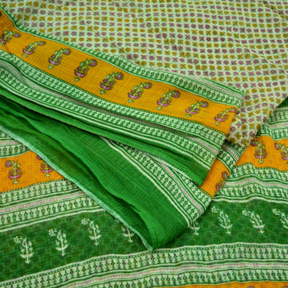 Indian Vintage Sari Green & Ivory Printed Pure Cotton Sarees 5Yd Craft Fabric Soft Sewing Sarong Wrap Boho Upcycle quilting Dress making