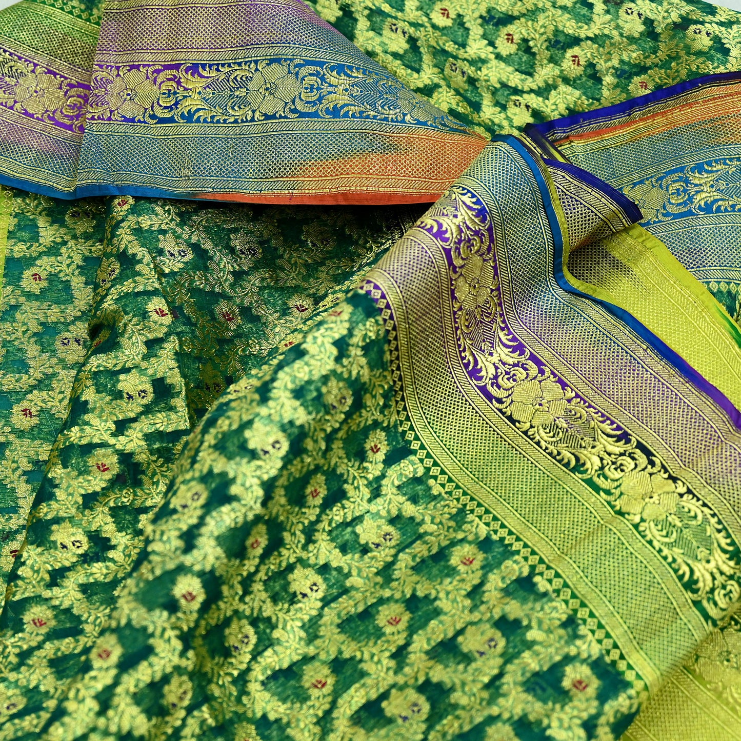 Indian Vintage Sari Heavy Green Pure Organza Silk Woven Brocade Banarasi Sarees Zari 5Yd Ethnic Fabric Dress Making Wedding Sarees
