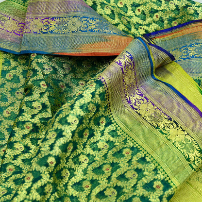 Indian Vintage Sari Heavy Green Pure Organza Silk Woven Brocade Banarasi Sarees Zari 5Yd Ethnic Fabric Dress Making Wedding Sarees