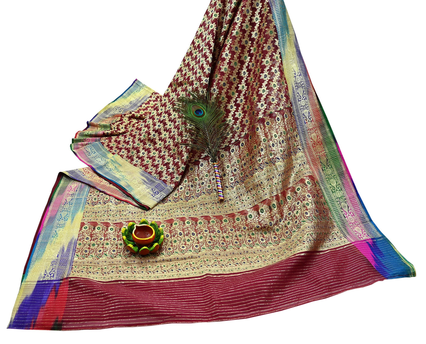 Indian Vintage Sari Heavy Maroon Pure Organza Silk Woven Brocade Banarasi Sarees Zari 5Yd Ethnic Fabric Dress Making Wedding Sarees