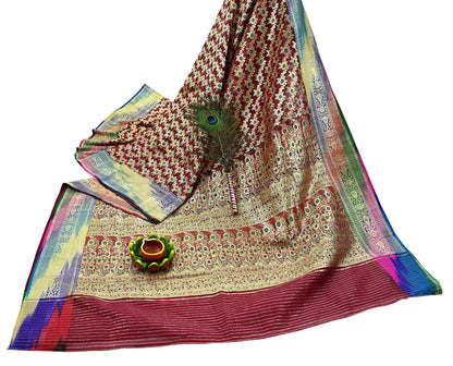 Indian Vintage Sari Heavy Maroon Pure Organza Silk Woven Brocade Banarasi Sarees Zari 5Yd Ethnic Fabric Dress Making Wedding Sarees