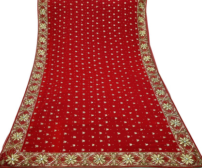 Indian Vintage Heavy Sari Red Pure Georgette Silk Hand Embroidered Sarees Craft Fabric 5Yd Sewing Ethnic Zardozi/dabka zari Wedding sarees