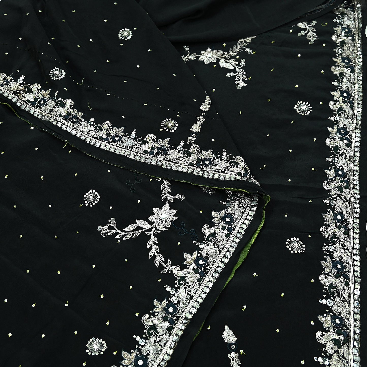 Indian Vintage Black Saree Pure Crepe Silk Hand Embroidered Sari Craft Fabric 6Yd Sewing Soft Zardozi/Dabka Dress making
