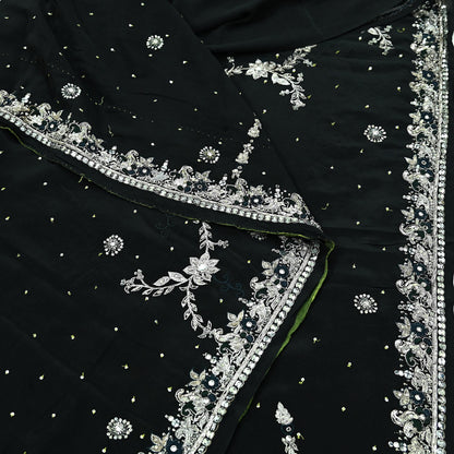 Indian Vintage Black Saree Pure Crepe Silk Hand Embroidered Sari Craft Fabric 6Yd Sewing Soft Zardozi/Dabka Dress making