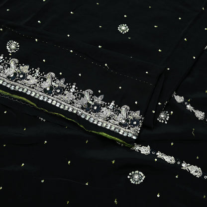Indian Vintage Black Saree Pure Crepe Silk Hand Embroidered Sari Craft Fabric 6Yd Sewing Soft Zardozi/Dabka Dress making