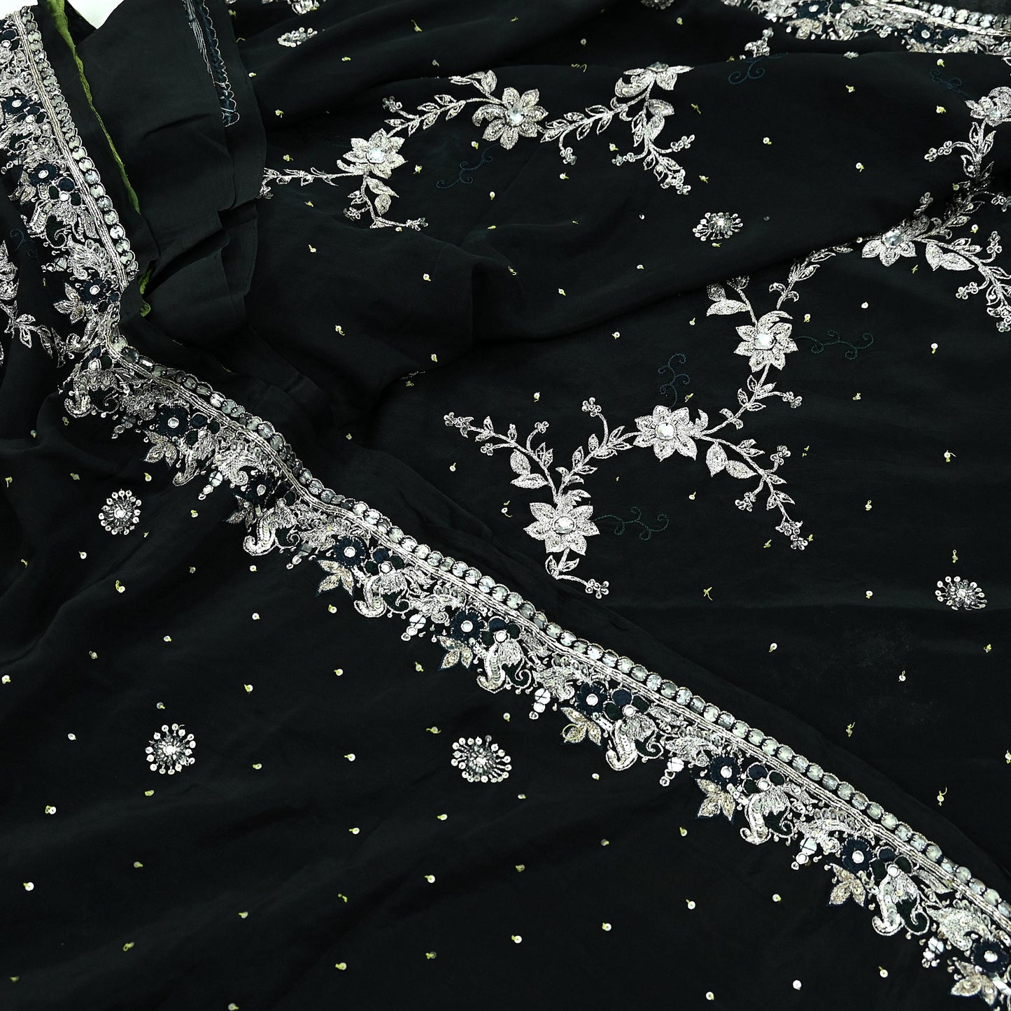 Indian Vintage Black Saree Pure Crepe Silk Hand Embroidered Sari Craft Fabric 6Yd Sewing Soft Zardozi/Dabka Dress making