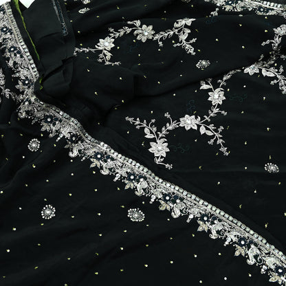Indian Vintage Black Saree Pure Crepe Silk Hand Embroidered Sari Craft Fabric 6Yd Sewing Soft Zardozi/Dabka Dress making