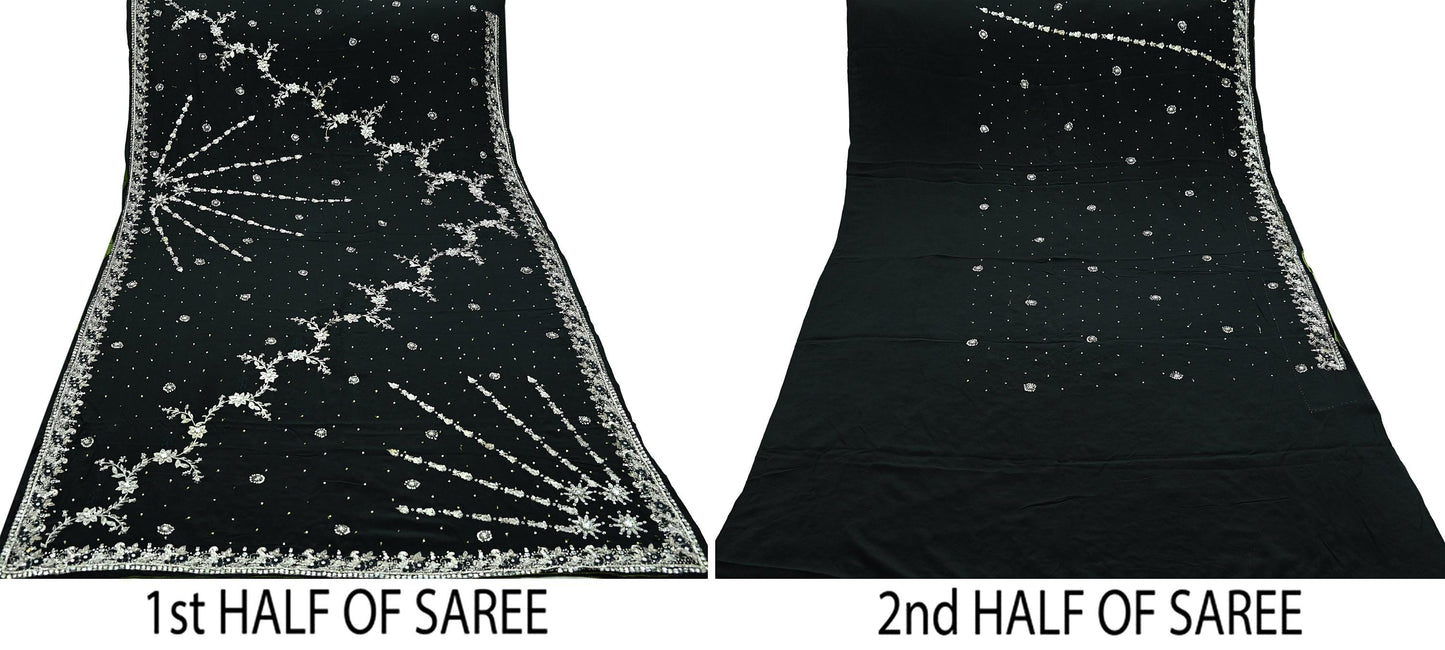 Indian Vintage Black Saree Pure Crepe Silk Hand Embroidered Sari Craft Fabric 6Yd Sewing Soft Zardozi/Dabka Dress making