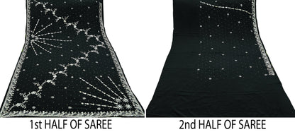 Indian Vintage Black Saree Pure Crepe Silk Hand Embroidered Sari Craft Fabric 6Yd Sewing Soft Zardozi/Dabka Dress making