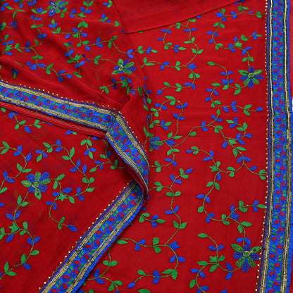 Indian Vintage Heavy Sarees Red Pure Georgette Silk Hand Embroidered Sari Fabric 6Yd Sewing Ethnic Sequins Wedding sarees