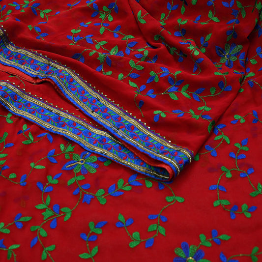 Indian Vintage Heavy Sarees Red Pure Georgette Silk Hand Embroidered Sari Fabric 6Yd Sewing Ethnic Sequins Wedding sarees