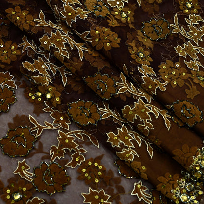 Indian Vintage Heavy Coffee Brown Saree Net/Mesh Hand Beaded Sari Fabric 5Yd Sewing Soft Ethnic Zari Wedding Bollywood Sarees