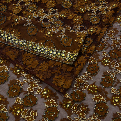 Indian Vintage Heavy Coffee Brown Saree Net/Mesh Hand Beaded Sari Fabric 5Yd Sewing Soft Ethnic Zari Wedding Bollywood Sarees