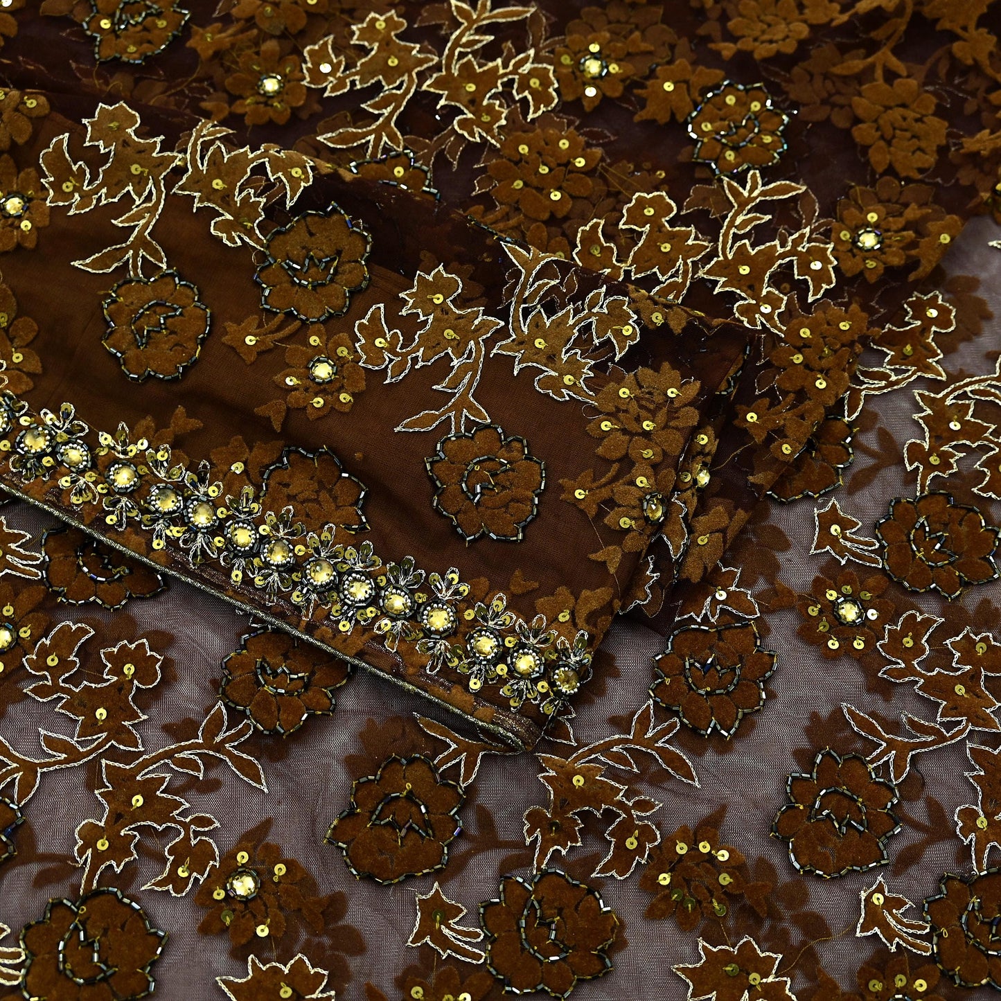 Indian Vintage Heavy Coffee Brown Saree Net/Mesh Hand Beaded Sari Fabric 5Yd Sewing Soft Ethnic Zari Wedding Bollywood Sarees