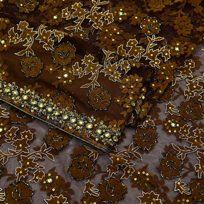 Indian Vintage Heavy Coffee Brown Saree Net/Mesh Hand Beaded Sari Fabric 5Yd Sewing Soft Ethnic Zari Wedding Bollywood Sarees