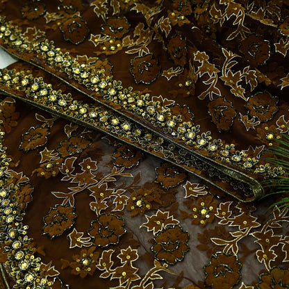 Indian Vintage Heavy Coffee Brown Saree Net/Mesh Hand Beaded Sari Fabric 5Yd Sewing Soft Ethnic Zari Wedding Bollywood Sarees