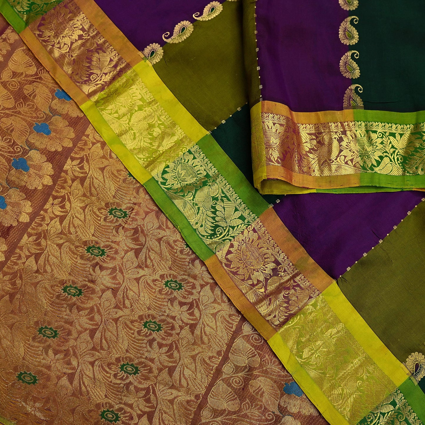 Indian Vintage Heavy Multi Kanjivaram Saree 100% Pure Silk Sari Metallic Golden Zari 5Yd Floral Crafting Dress making
