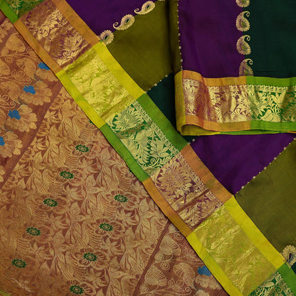Indian Vintage Heavy Multi Kanjivaram Saree 100% Pure Silk Sari Metallic Golden Zari 5Yd Floral Crafting Dress making