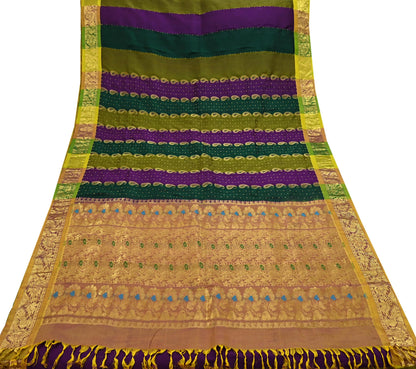 Indian Vintage Heavy Multi Kanjivaram Saree 100% Pure Silk Sari Metallic Golden Zari 5Yd Floral Crafting Dress making