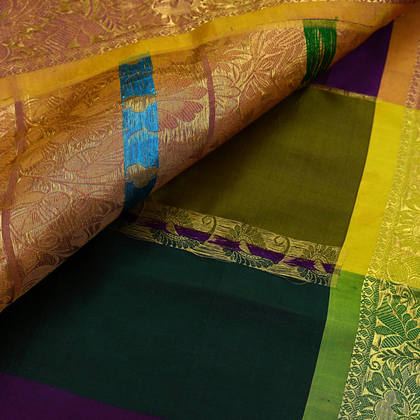 Indian Vintage Heavy Multi Kanjivaram Saree 100% Pure Silk Sari Metallic Golden Zari 5Yd Floral Crafting Dress making