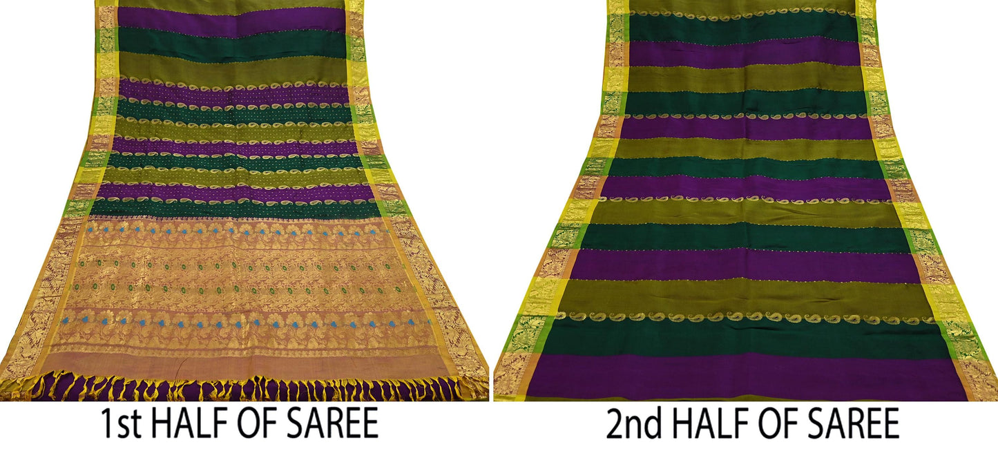 Indian Vintage Heavy Multi Kanjivaram Saree 100% Pure Silk Sari Metallic Golden Zari 5Yd Floral Crafting Dress making
