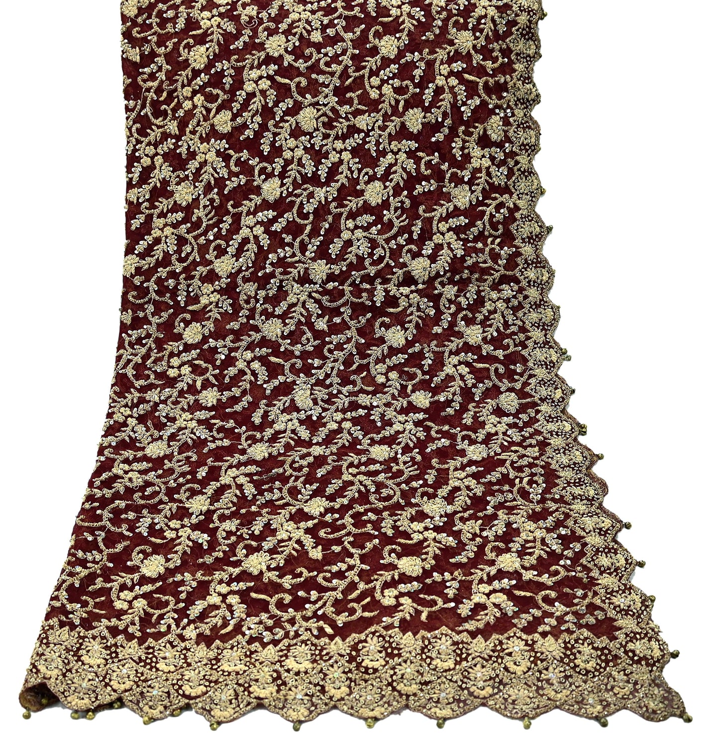 Indian Vintage Heavy Wedding Maroon Dupatta Net Mesh Long Stole Hand Embroidered Scarves Golden Zardozi Zari Sequins Dridal Veil Hijab
