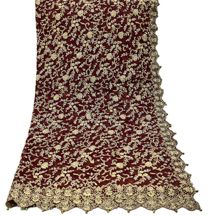 Indian Vintage Heavy Wedding Maroon Dupatta Net Mesh Long Stole Hand Embroidered Scarves Golden Zardozi Zari Sequins Dridal Veil Hijab
