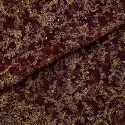 Indian Vintage Heavy Wedding Maroon Dupatta Net Mesh Long Stole Hand Embroidered Scarves Golden Zardozi Zari Sequins Dridal Veil Hijab