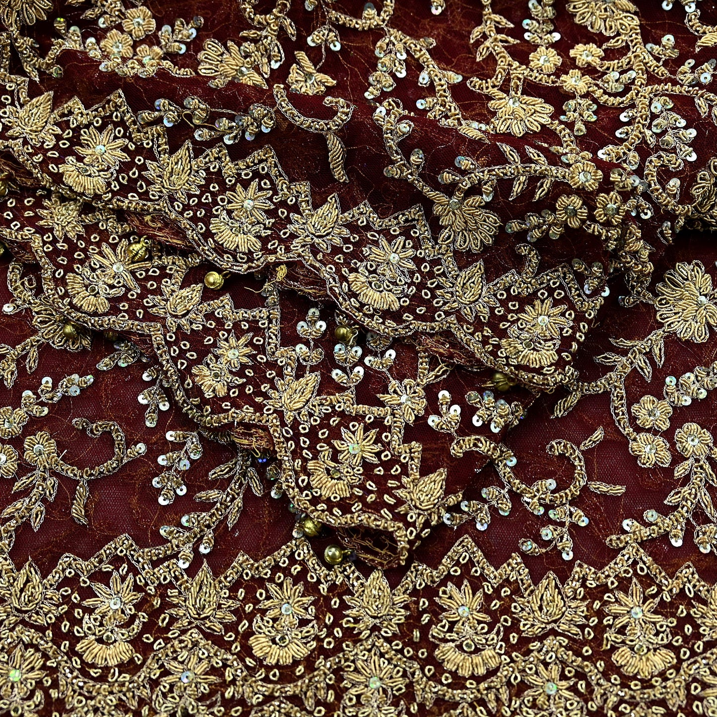 Indian Vintage Heavy Wedding Maroon Dupatta Net Mesh Long Stole Hand Embroidered Scarves Golden Zardozi Zari Sequins Dridal Veil Hijab