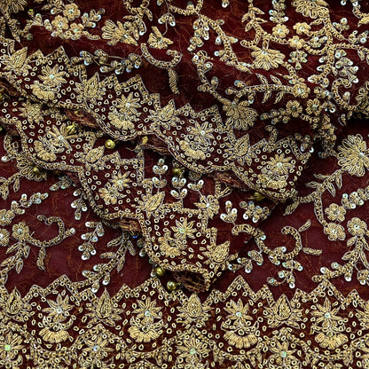 Indian Vintage Heavy Wedding Maroon Dupatta Net Mesh Long Stole Hand Embroidered Scarves Golden Zardozi Zari Sequins Dridal Veil Hijab