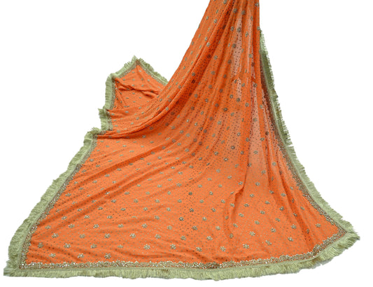 Indian Vintage Heavy Orange Dupatta Pure Georgette Silk Long Stole Hand Embroidered Scarf Zari Zardozi Wedding/ Bridal Veil Hijab