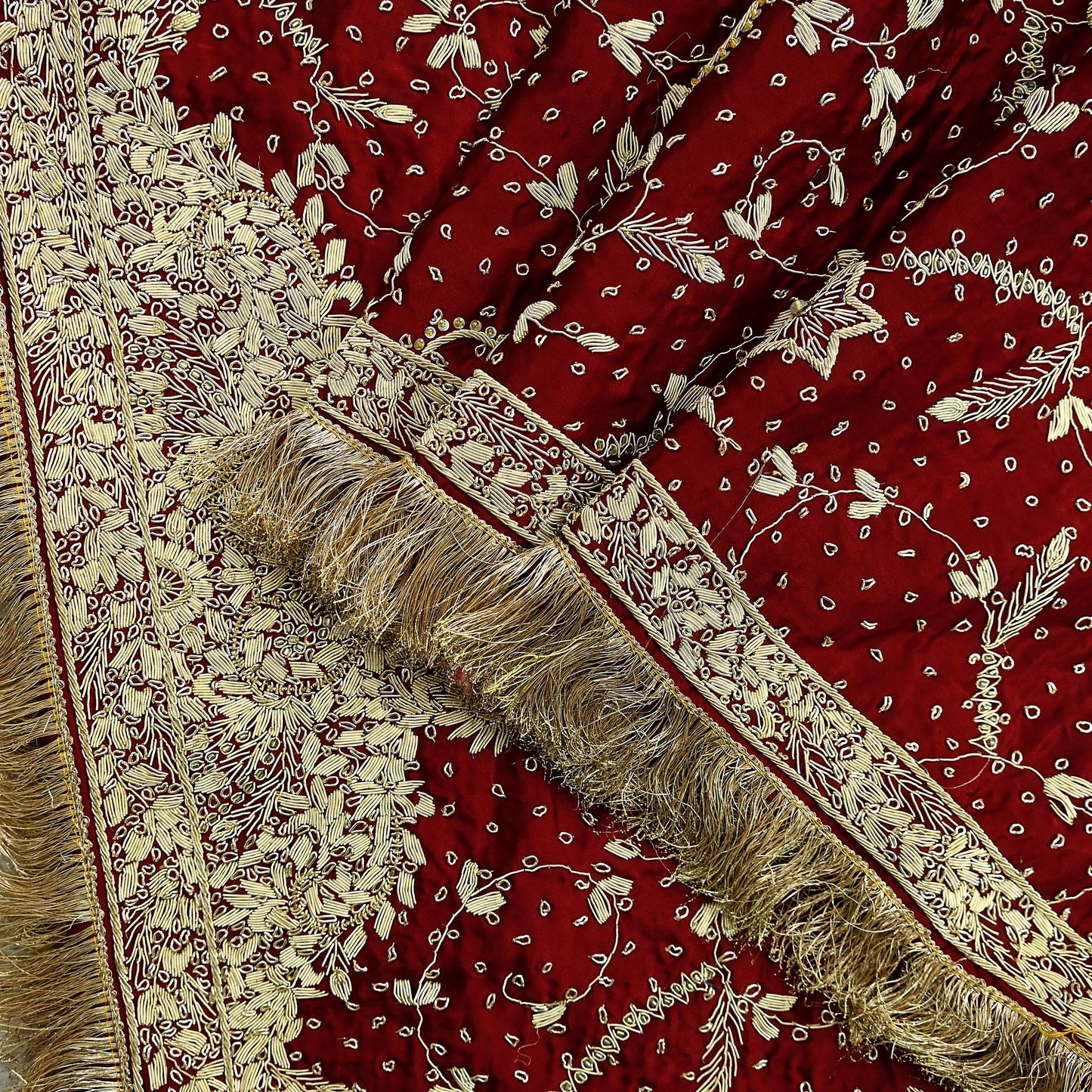 Indian Vintage Heavy Wedding Maroon Dupatta Pure Satin Silk Long Stole Hand Embroidered Scarves Golden Zardozi Stole Fringes Bridal veil