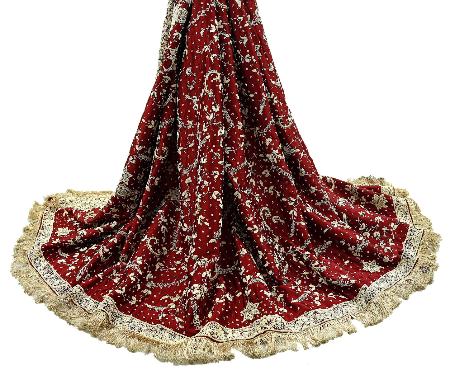 Indian Vintage Heavy Wedding Maroon Dupatta Pure Satin Silk Long Stole Hand Embroidered Scarves Golden Zardozi Stole Fringes Bridal veil