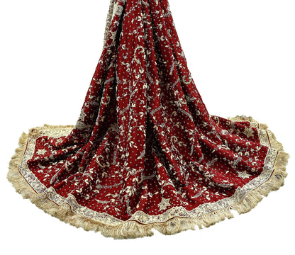 Indian Vintage Heavy Wedding Maroon Dupatta Pure Satin Silk Long Stole Hand Embroidered Scarves Golden Zardozi Stole Fringes Bridal veil