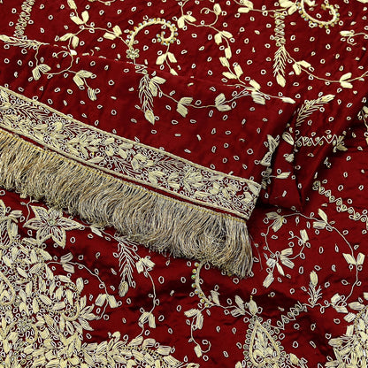 Indian Vintage Heavy Wedding Maroon Dupatta Pure Satin Silk Long Stole Hand Embroidered Scarves Golden Zardozi Stole Fringes Bridal veil