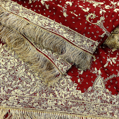 Indian Vintage Heavy Wedding Maroon Dupatta Pure Satin Silk Long Stole Hand Embroidered Scarves Golden Zardozi Stole Fringes Bridal veil
