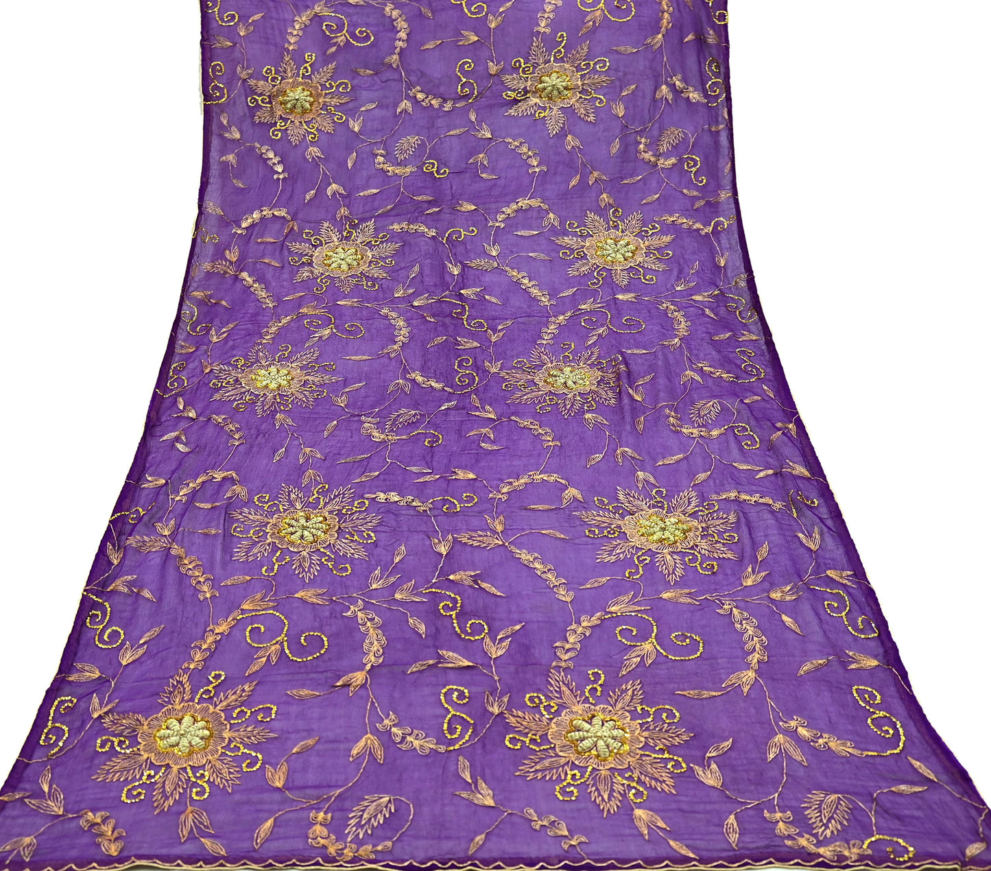 Indian Vintage Heavy Purple Dupatta Pure Chiffon silk Long Stole Hand Embroidered Scarves Floral Design Stole Veil Wrap Zari Zardozi