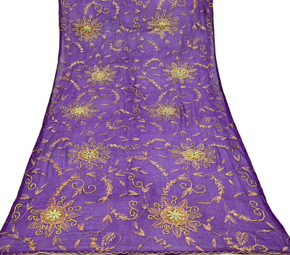 Indian Vintage Heavy Purple Dupatta Pure Chiffon silk Long Stole Hand Embroidered Scarves Floral Design Stole Veil Wrap Zari Zardozi
