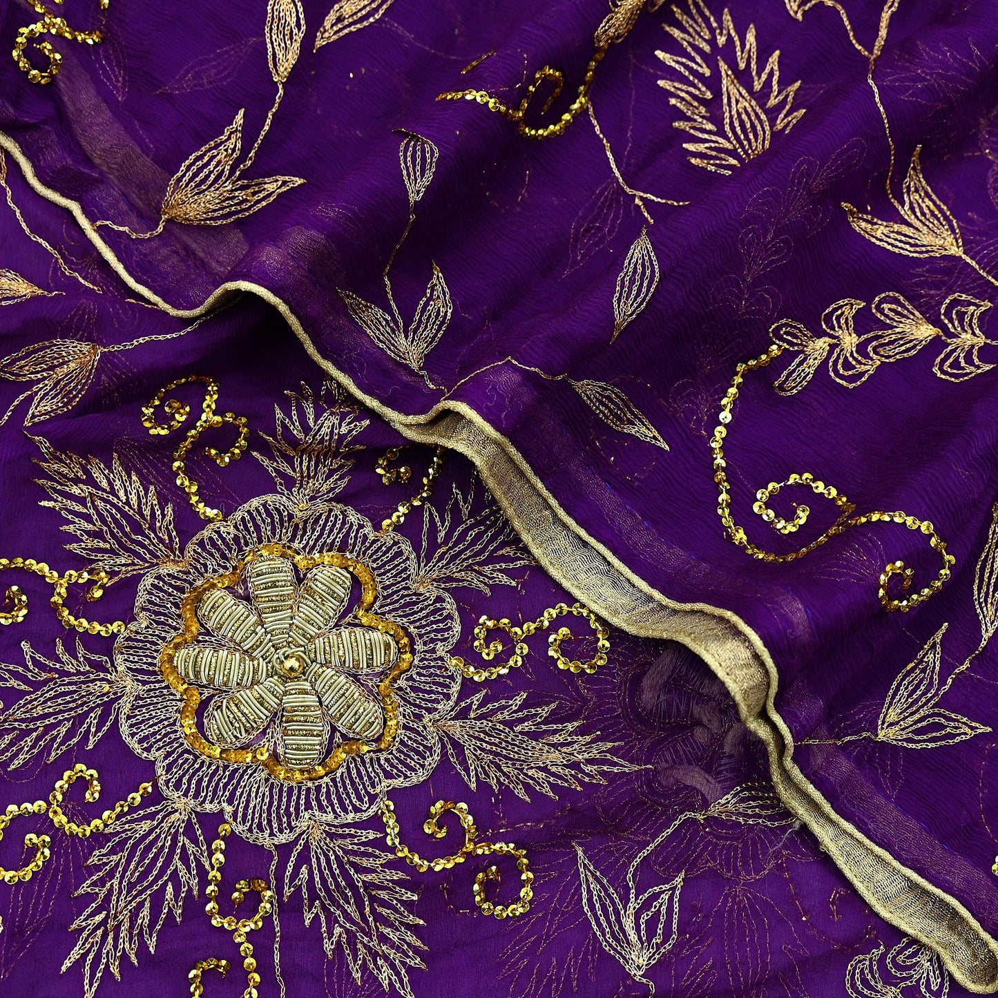 Indian Vintage Heavy Purple Dupatta Pure Chiffon silk Long Stole Hand Embroidered Scarves Floral Design Stole Veil Wrap Zari Zardozi