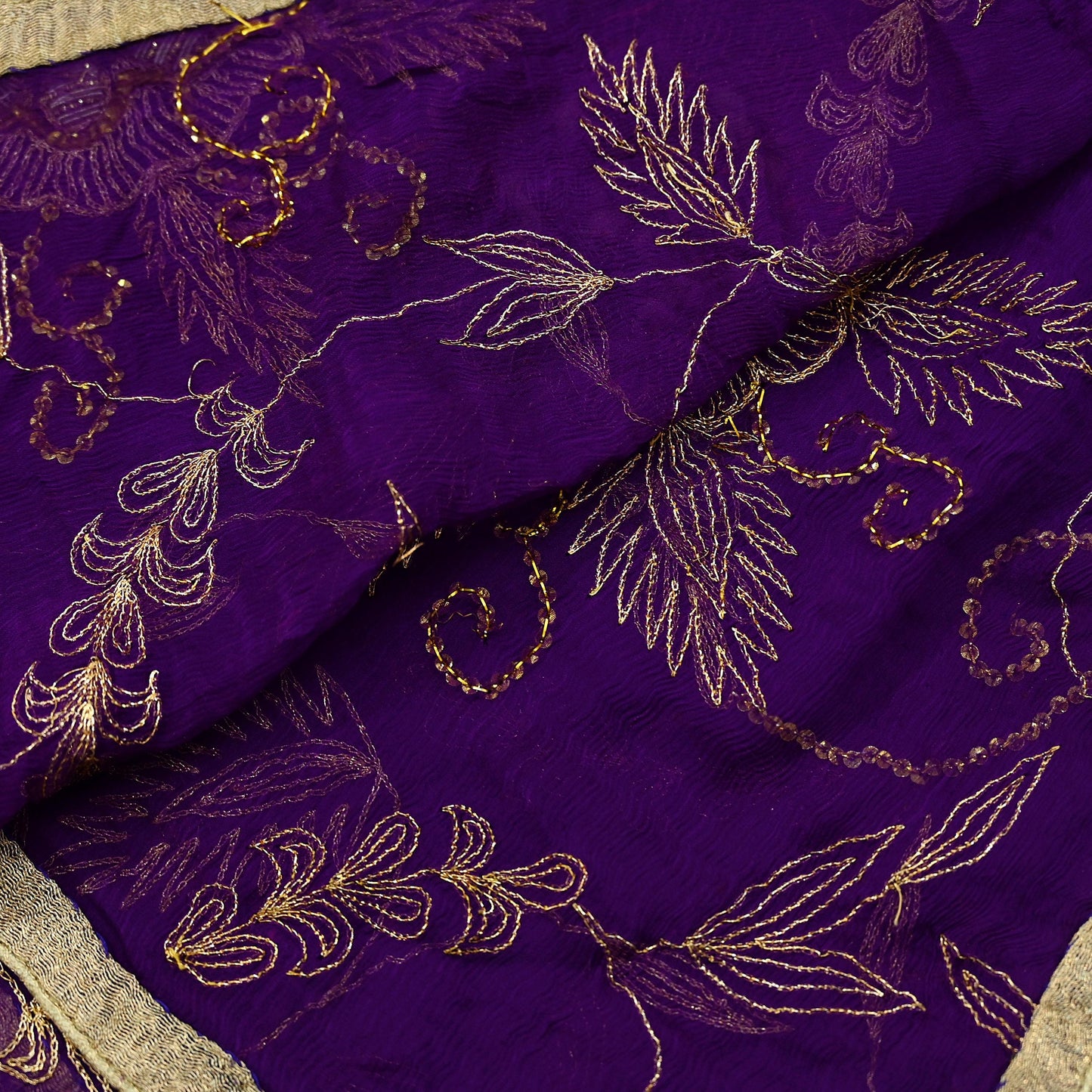 Indian Vintage Heavy Purple Dupatta Pure Chiffon silk Long Stole Hand Embroidered Scarves Floral Design Stole Veil Wrap Zari Zardozi
