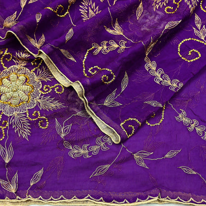 Indian Vintage Heavy Purple Dupatta Pure Chiffon silk Long Stole Hand Embroidered Scarves Floral Design Stole Veil Wrap Zari Zardozi