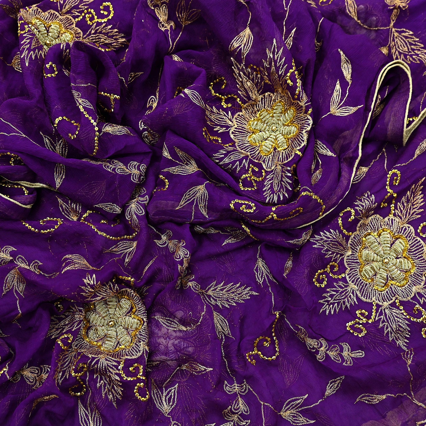 Indian Vintage Heavy Purple Dupatta Pure Chiffon silk Long Stole Hand Embroidered Scarves Floral Design Stole Veil Wrap Zari Zardozi