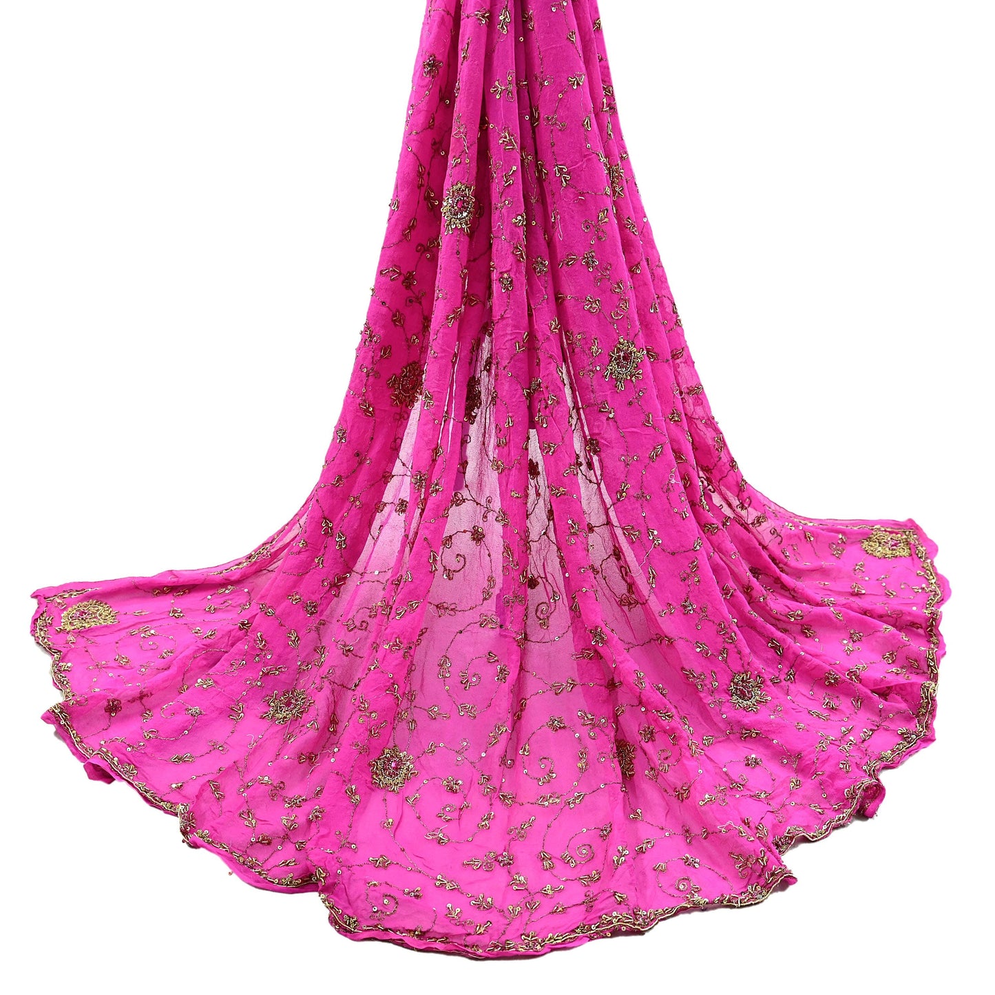 Indian Vintage Heavy Pink Dupatta Pure Georgette Silk Long Stole Hand Embroidered Scarves Scarf Zari Zardozi Bridal/Wedding Veil