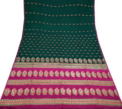 Indian Vintage Sari Green & Pink Hand Woven Sarees 100% Pure Silk Zari 5Yd Craft Fabric Sewing Dress making Quilting Crafting