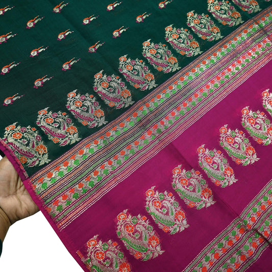 Indian Vintage Sari Green & Pink Hand Woven Sarees 100% Pure Silk Zari 5Yd Craft Fabric Sewing Dress making Quilting Crafting
